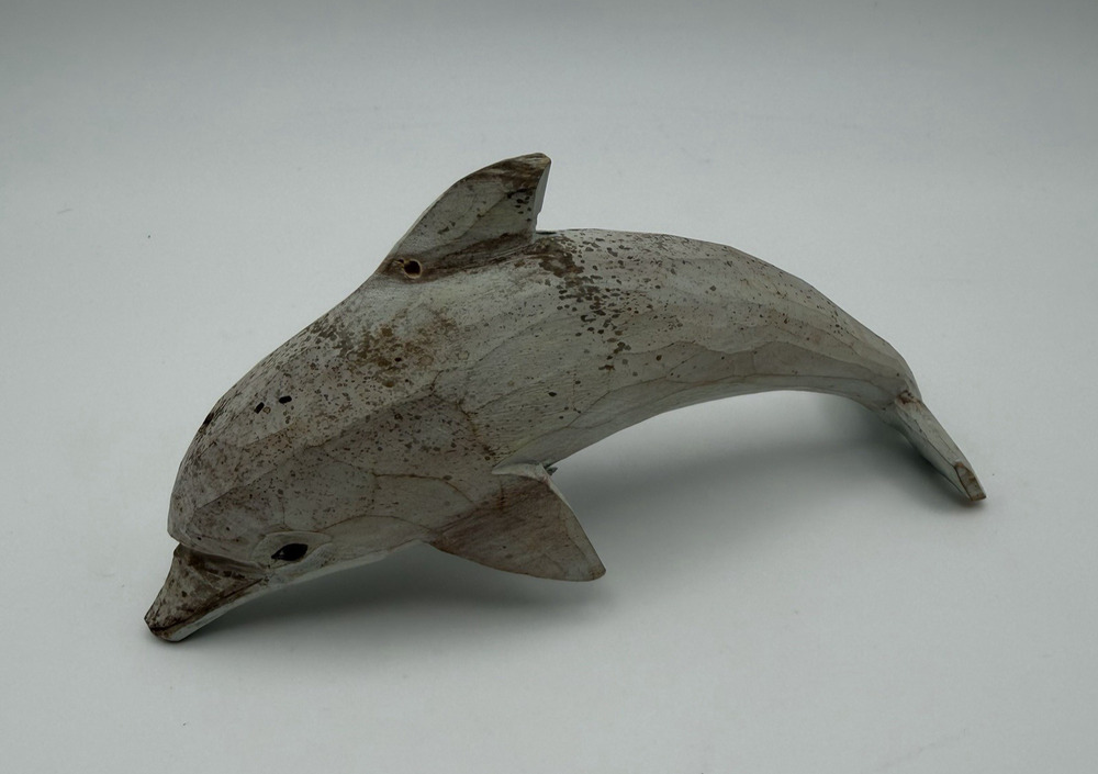 Hand Carved Wooden Dolphin Figurine Gray Weathered Finished 5" Coastal Nautical
